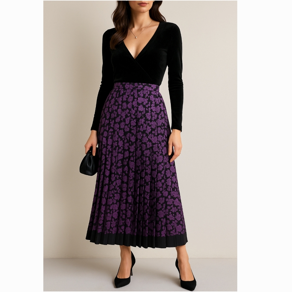 Ibe Purple Floral Silk Pleated Midi Skirt Size 8 Vintage 80s Chic Modest